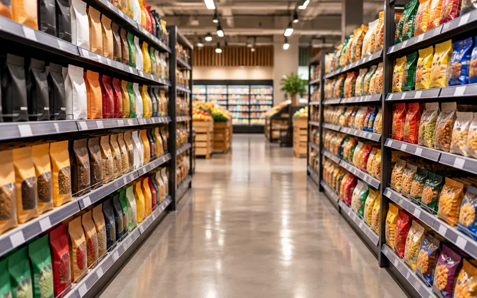 Corredor de supermercado com gôndolas abastecidas com embalagens flexíveis